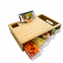 Load image into Gallery viewer, Multi-function Large Natural Bamboo Cutting Board Set with food trays and mobile phone stand
